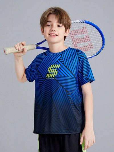 SHEIN Boys' Fit Sports Round Neck Letter Stripe Pattern Short-Sleeved T-Shirt