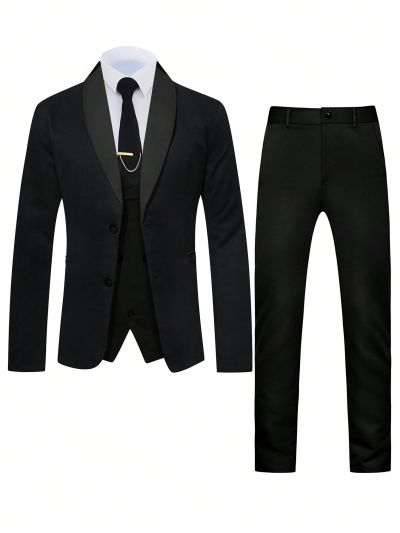 Manfinity Men's Shawl Collar Double Breasted Suit Jacket Vest Pants Set