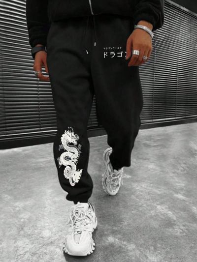 Manfinity EMRG Men's Dragon & Japanese Character Print Jogger Pants
