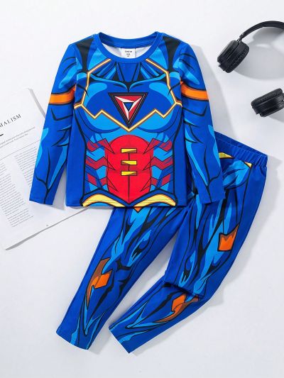 SHEIN Boys' Tight-Fitting Casual Round-Neck Two-Piece Home Clothes Set With Contrasting Colors And Cartoon Patterns