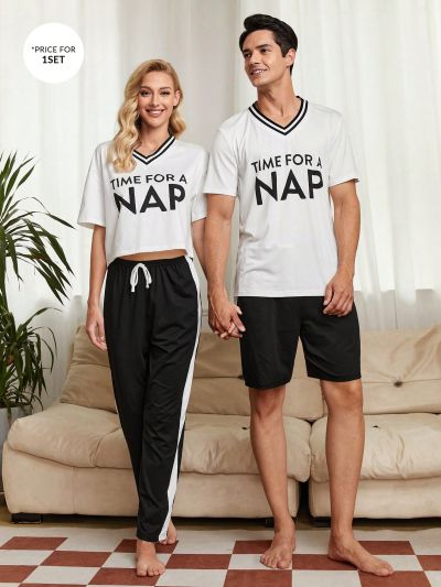 Men's Letter Print Short Sleeve Shorts Pajama Set