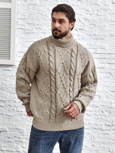 Extended Sizes Men's Plus Size Solid Color High Collar Drop Shoulder Sweater