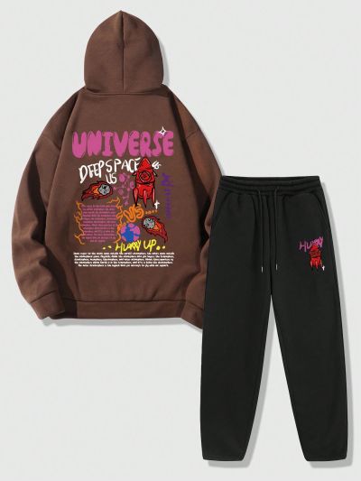 ROMWE Street Life Men's Printed Zipper Hooded Sweatshirt And Sweatpants Set