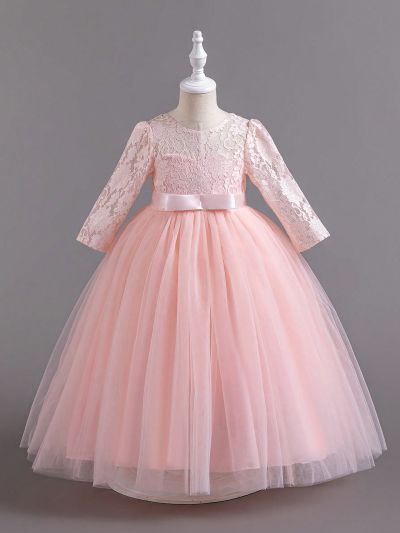 Girls' Mesh Hem Lace Patchwork Long Sleeve Formal Dress For Kids