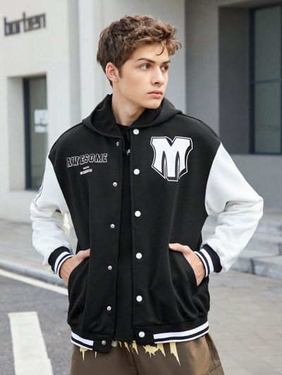 SHEIN Teen Boys' Casual Sports Baseball Jacket With Mixed Color & Letter Prints