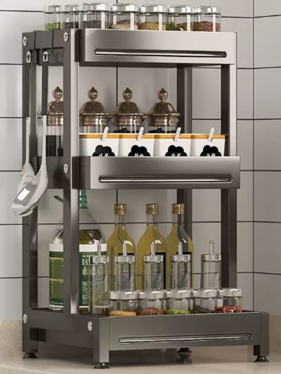 3-Tier Metal Countertop Shelves,Spice Rack Organizer for Kitchen Counter,Cupboard Shelf Rack Organizer with Cutting Board Holder & 4 Hooks,Sturdy Metal Structure