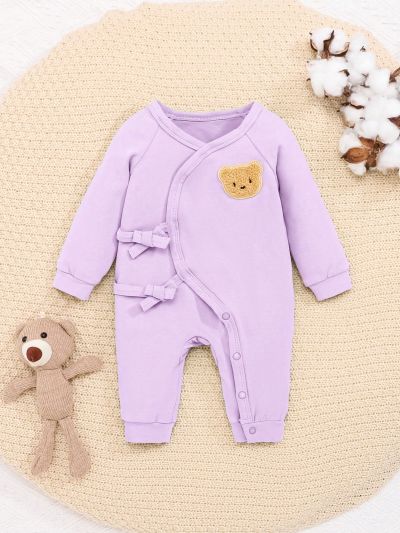 SHEIN Newborn Baby Girls' Casual Bear Embroidery Tie-Front Footed Romper Jumpsuit For Home Wear