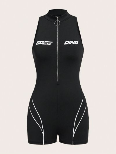 SHEIN Coolane Letter Print Contrast Piping Zipper Half-Front Romper