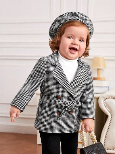 SHEIN Baby Girl Houndstooth Print Double Breasted Belted Coat & Hat