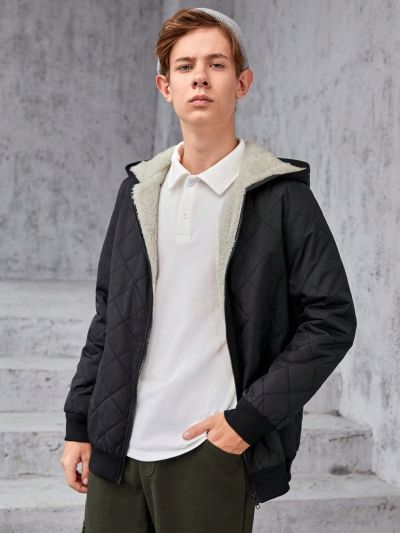 SHEIN Teen Boy Zip Up Thermal Lined Hooded Quilted Coat