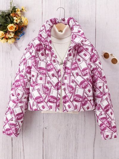 Teen Girl Dollar Print Zip Up Hooded Puffer Coat Without Sweater