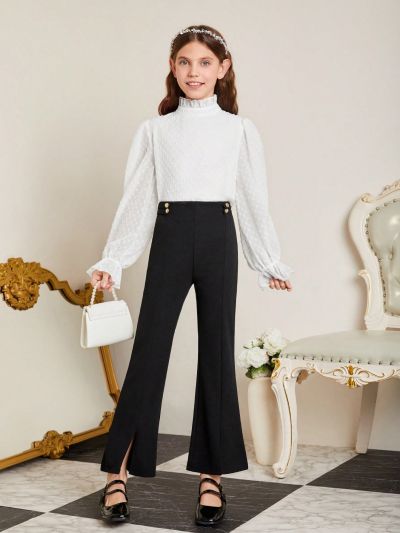 SHEIN Kids FANZEY Tween Girls' Knitted Solid Color Flared Leggings With Slits At Hem