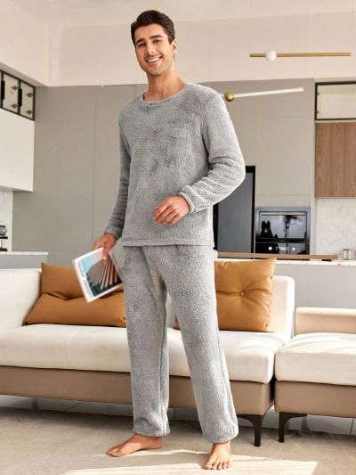 Men'S Teddy Round Neck Long Sleeve Top & Pants Homewear Set