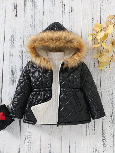 SHEIN Kids EVRYDAY Young Girl Fuzzy Trim Hooded Quilted Coat