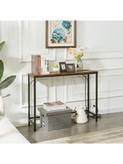 SUPERJARE Console Table with Power Outlets & USB Ports, Narrow Entryway Table, 39.3 Inches Sofa Table with Steel Frame