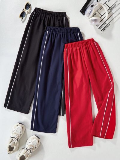 SHEIN Kids FANZEY Tween Girls' 3pcs Color Blocking Rolled Hem Elastic Waist Woven Pants