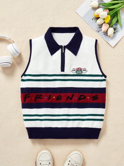 FRIENDS X SHEIN Letter & Stripe Pattern Zipper Front Sweater Vest