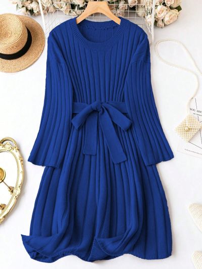 Plus Size Solid Color Honeycomb Knit Sweater Dress