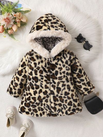 Baby Girl Leopard Print Hooded Fleece Winter Coat
