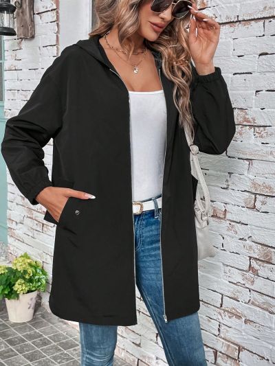 SHEIN LUNE Women's Simple Printed Solid Color Zipper Hooded Jacket