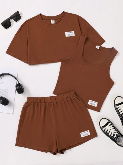 SHEIN Teen Girls' Knitted Monochromatic Label Tag T-Shirt, Vest And Shorts Casual Outfits