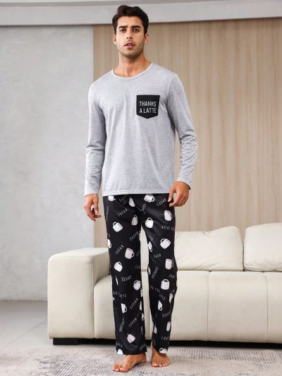 Men's Letter Print Long Sleeve T-shirt And Pants Homewear Set