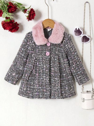 SHEIN Kids QTFun Young Girl Borg Collar Fold Pleated Overcoat