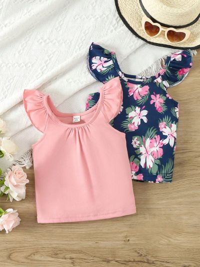 Baby Girl Ruffled Hem Decorated Top + Shorts Set (2pcs)