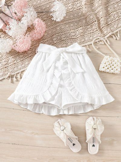 SHEIN Kids CHARMNG Young Girls' Detachable Belt Ruffle Hem Shorts