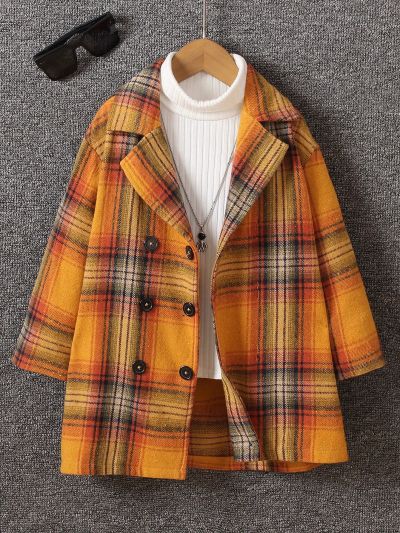 SHEIN Kids Academe Young Boy Plaid Double Breasted Lapel Neck Overcoat Without Sweater