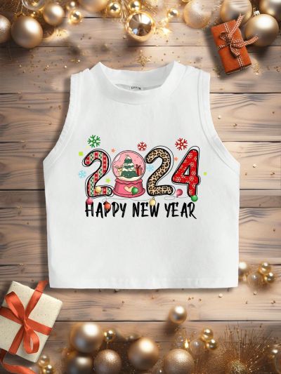 Young Girls' Casual Simple New Year 2024 Pattern Vest Top With Round Neck