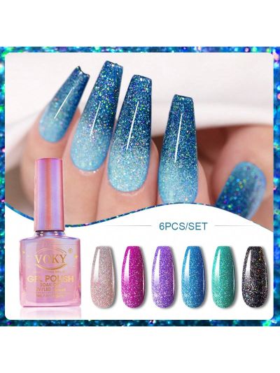 6pcs/set Holographic Color Gel Nail Polish With Glitter, Soak Off Led Gel Nail Polish Kit With Buffer, Diy Nail Art At Home&salon, Great Gift For Girls