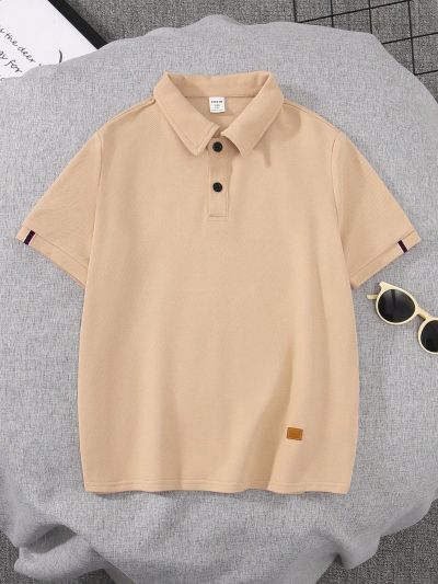 SHEIN Boys' Casual Street Style Knit Polo Shirt With Half-Button, Patched