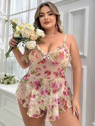 1pc Plus Size Floral Mesh Lettuce Trim Lingerie Cami Romper