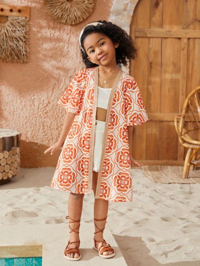 SHEIN Young Girls' Everyday Casual Patchwork Weave & Flower Printed Short Sleeve Kimono