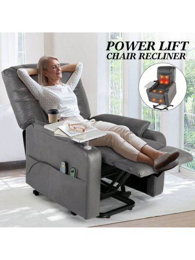 Leather Recliner Lounge Chair, 8 Point Massage Relax Ergonomic Lift Snuggling Sofa,Leathaire Material Massage Single Chair,with Detachable Tray Table Cup Holder Lumbar Heated Remote Control