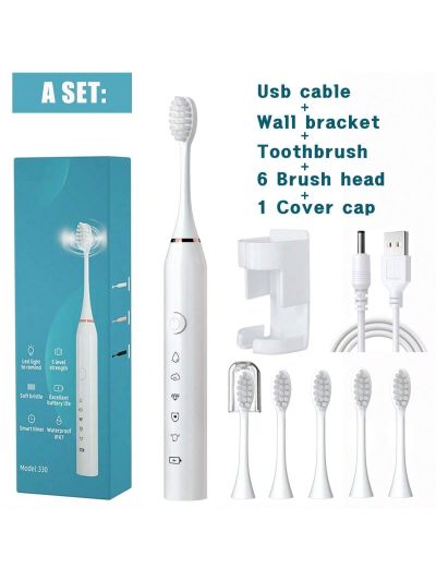 1pc Electric Toothbrush With 6 Replacement Brush Heads, Usb Rechargeable, 5 Cleaning Modes, Including Bathroom Wall-mounted Toothbrush Holder, Travel Toothbrush Head Caps (portable Protective Caps), Sonic Smart Toothbrush Ipx7 Waterproof, Whitening