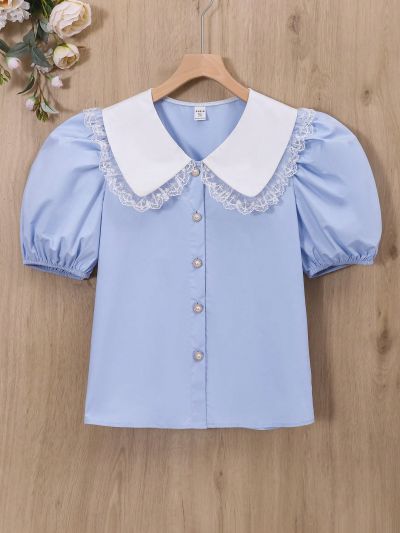 SHEIN Teen Girl's Woven Color Block Lace Trim Doll Collar Button Up Casual Shirt