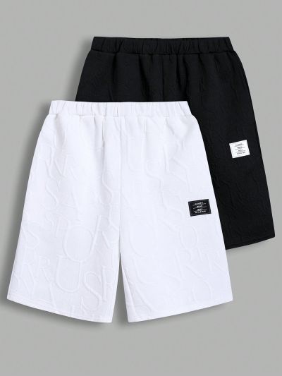 SHEIN Kids EVRYDAY Tween Boys' Casual Loose Fit Vacation Style Knit Shorts With Letter Patch, 2 Colors, 1pc Each, 2pcs/Set