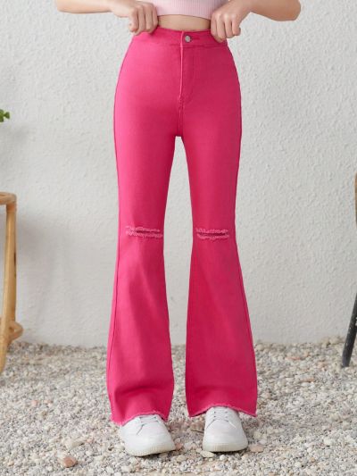 SHEIN Tween Girls Y2k Spring Summer Trendy High Waist Pink Ripped Flare Leg Denim Jeans With Slant Pocket,Girls Summer Clothes Concert Outfit
