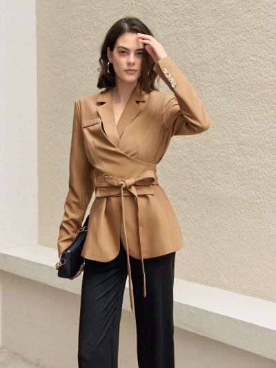 Anewsta Women'S Solid Color Lapel Wrap & Tie Blazer Jacket