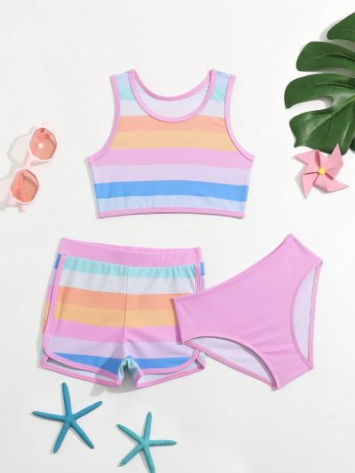 Little Girls' Color Block Striped Vest Bikini 3-Piece Set