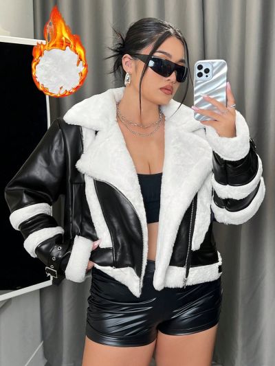SHEIN ICON Plus Size Fitted Jacket With Furry Collar And Belt Decoration
