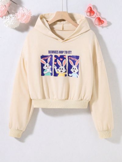 Teen Girls' Slogan Cartoon Rabbit Print Hoodie