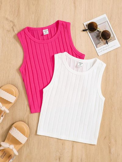 SHEIN Kids EVRYDAY 2pcs/Set Knit Ribbed Casual Tank Top For Tween Girls