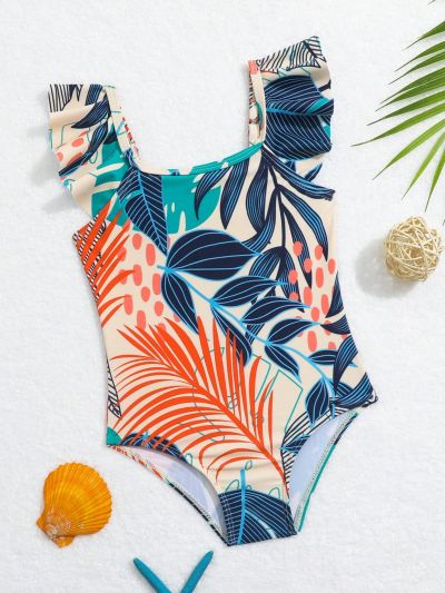 Random Plant Printed Ruffle Trimmed One-Piece Swimsuit For Baby Girl