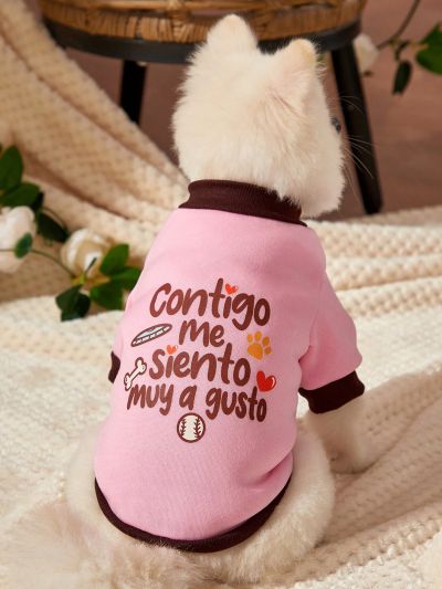 Doodlejoystudio 1pc Pet Print Contrast Color Pink Warm Hoodless Sweatshirt