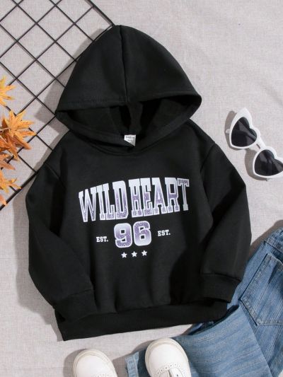 Girls (Small) Letter Print Hooded Fleece Sweatshirt