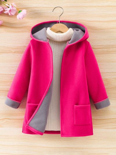 Young Girl 1pc Dual Pocket Hooded Open Front Thermal Lined Overcoat