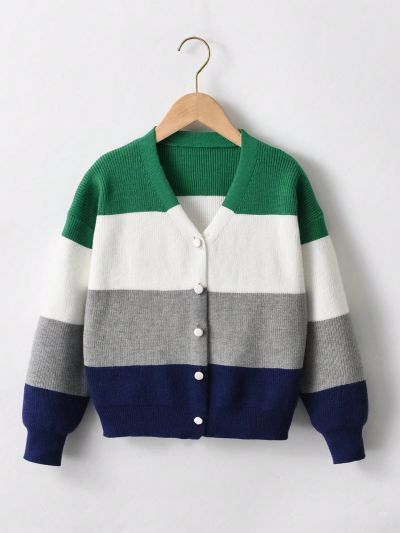 SHEIN Kids HYPEME Big Girls' Striped Cardigan Sweater Jacket